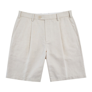 经典意式绅士 卡其色亚麻长绒棉舒适透气男士单褶休闲短裤 DBL076