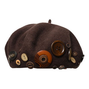 Classy key新加坡设计师联名款复古纽扣贝雷帽子显脸小毛呢画家帽