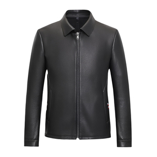 高端山羊皮夹克加鹅绒内胆男海宁真皮男皮衣短款翻领黑色商务外套