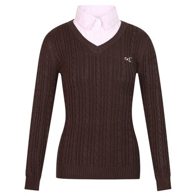 条纹V领假两件修身针织毛衣女