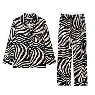 贝妍睡衣女春秋季新款莫代尔棉长袖斑马纹家居服时尚开衫大码套装