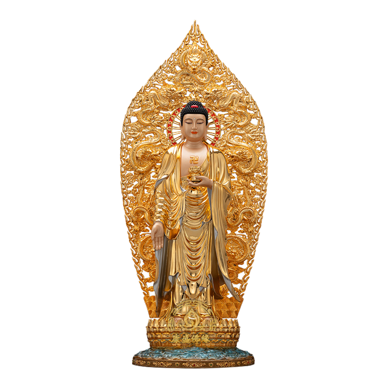 西方三圣纯铜鎏金佛像摆件