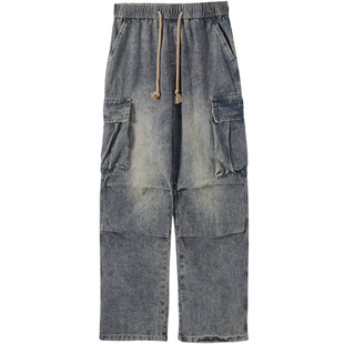 美式工装加绒牛仔裤男痞帅潮牌大口袋设计感oversize高街阔腿裤子