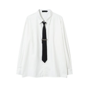 MRNEARLY美式小众设计感领带衬衫男潮宽松痞帅学院风休闲情侣衬衣