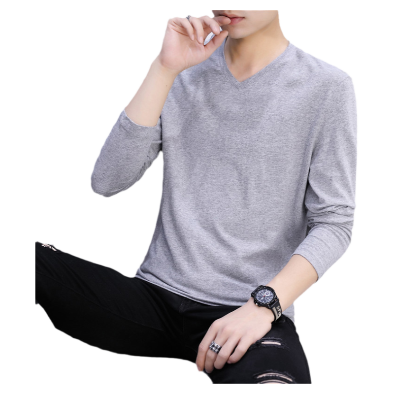 2025新款潮流男士长袖T恤纯棉秋装秋衣打底衫V领纯色体白上衣服