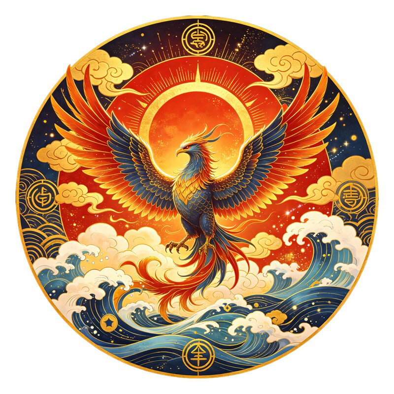圆形金凤祥云墙贴海浪贴纸鎏金神鸟凤凰传统吉祥纹样喜庆装饰贴画