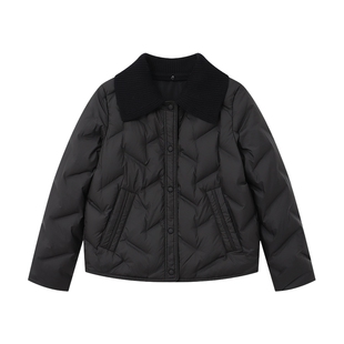 Basic House/百家好针织翻领黑色羽绒服女士新款短款保暖轻薄外套