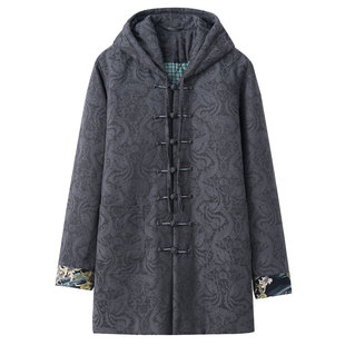 唐装棉衣男复古冬装棉服男中长款连帽提花棉麻冬季男装棉花棉袄男