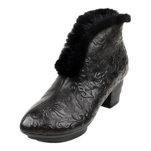 相伴真皮冬鞋短靴女新款厚底靴子女士粗跟棉鞋民族风冬季女靴