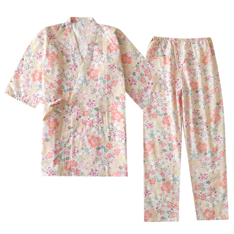 纯棉纱布女和服睡衣春夏七分袖日系樱花汗蒸服宽松全棉家居服套装