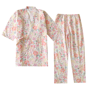 纯棉纱布女和服睡衣春夏七分袖日系樱花汗蒸服宽松全棉家居服套装