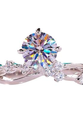 18K白金D色莫桑石群镶皇冠四爪双层戒指纯银1克拉钻戒时尚设计感