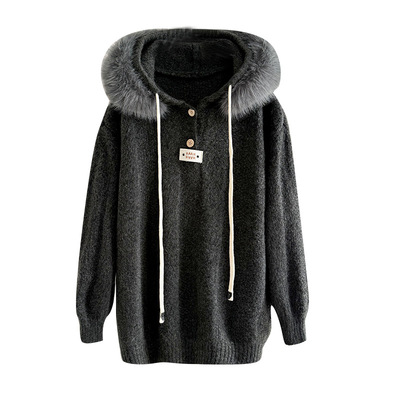 慵懒风撞色加绒加厚毛领毛衣外套