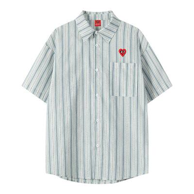 查尔斯桃心休闲竖条纹短袖衬衫