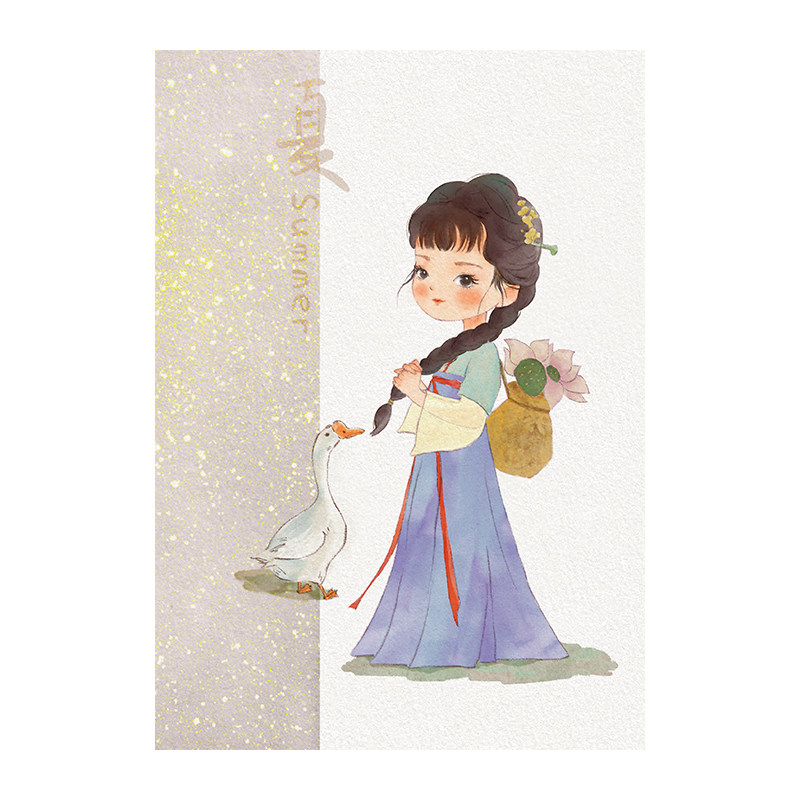 支枕听河流【夏天莲】限量版画 客厅书房古风人物可爱装饰带装裱