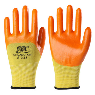 创信手套劳保 耐磨S328牛筋工作防水防滑 浸胶防护塑胶胶皮手套女