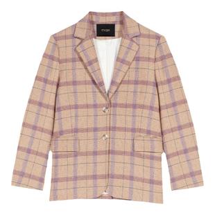 Maje Outlets秋冬女装时尚休闲米黄色威尔士格纹直筒长袖西装外套