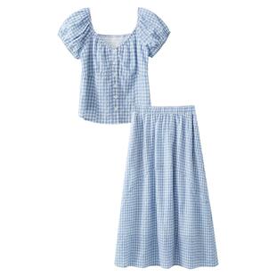 夕蒙2026新款夏季韩系好看上衣蓝色v领格纹短袖衬衫两件套装裙子