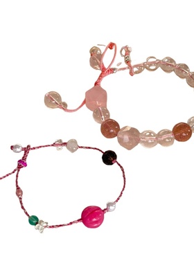 粉色系招桃花纯银编织抽拉式草莓晶粉晶手串转运珠百搭叠戴手链女