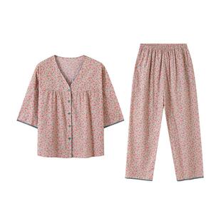 睡衣女夏季七分袖长裤碎花家居服女款大码春夏款薄款可外穿两件套