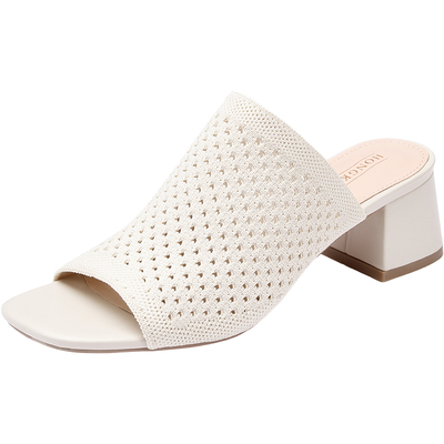 Hongkee/红科2024新款夏季外穿针织粗跟凉鞋优雅高跟女鞋H764D200