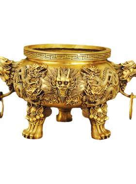 铜香炉黄铜家用龙戏珠祠堂特大号寺院供奉双龙鼎寺庙香炉佛具复古
