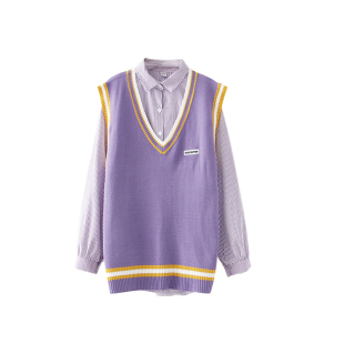 加藤娜娜斋藤飞鸟明星同款TGC日本T台学院风秋装套装衬衫毛线背心