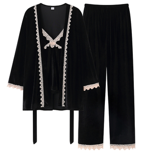 乐姿梦秋冬季新款金丝绒情侣睡衣女性感三件套男士长袖韩版家居服