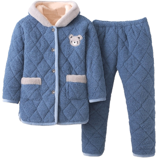 儿童睡衣冬季加厚款男童加绒带帽三层夹棉套装儿童大童女孩家居服