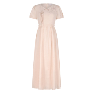 固执新中式短袖连衣裙夏季新款圆领泡泡袖刺绣中长款A字裙