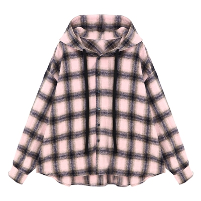 Basic House/百家好2025秋撞色格子外套休闲连帽单排扣长袖上衣女