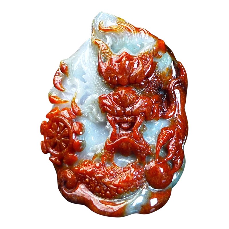 缅甸老坑翡翠A货红翡龙牌吊坠