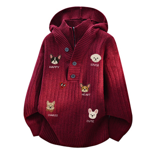 查尔斯桃心美式假两件印花连帽毛衣男女秋冬款宽松休闲针织衫上衣