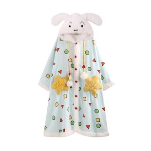 侘町2025年冬季新款小新饼干斗篷睡衣法兰绒女加绒卡通家居服睡袍