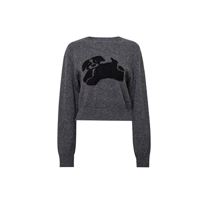 TOP家 cutedog 法式复古时髦格雷系抽象小狗荃羊毛圆领套头针织衫