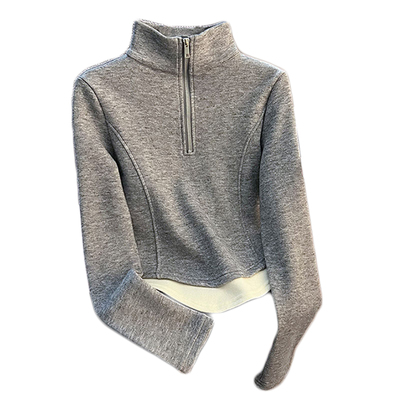 半拉链立领薄绒卫衣女