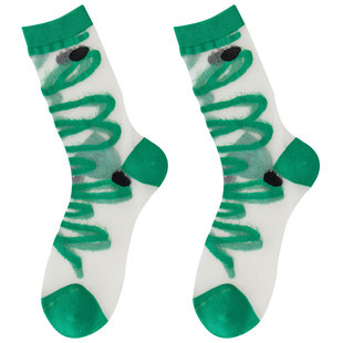 袜子女玻璃丝中筒袜夏季超薄绿色花朵条纹透明水晶丝棉底潮牌长袜