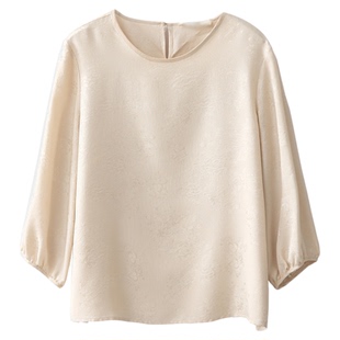 一丝牵 真丝绞萝提花圆领七分袖上衣女国风气质宽松100桑蚕丝衬衣