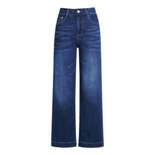 松紧腰直筒牛仔裤高腰显瘦蓝色直筒裤宽松矮个子中年妈妈九分长裤