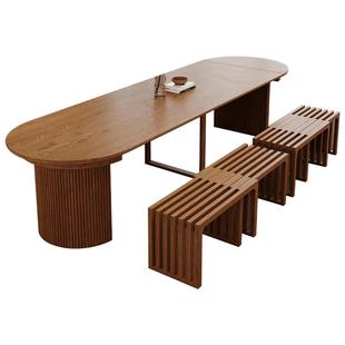 长方形实木伸缩餐桌3米多人用餐中古风高端酒店民宿新款可定制