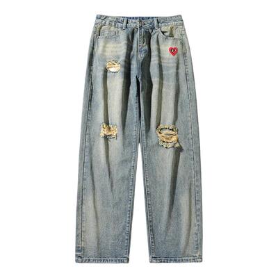 查尔斯桃心破洞宽松直筒牛仔裤