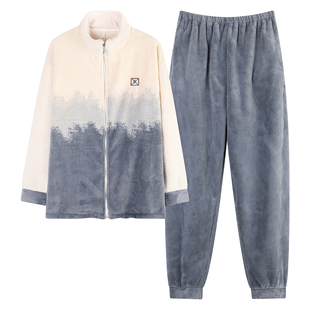 芬腾可安法兰绒睡衣男士秋冬季加厚珊瑚绒加绒保暖家居服拉链男款