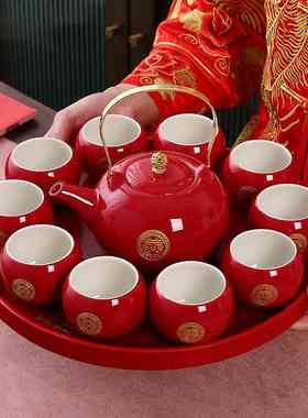 中式敬茶杯组婚礼改口茶具订婚红色新娘陪嫁瓷坊喜事茶壶套装