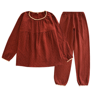 红色碎花女睡衣圆领套头新款蕾丝花边纯棉纱布春秋薄款家居服套装