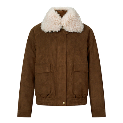 HeyDress复古加绒仿麂皮外套女秋冬咖色短款夹克加厚保暖毛领上衣