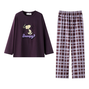 贝妍睡衣女春秋新款柔软棉史努比家居服可爱少女长袖长裤大码套装