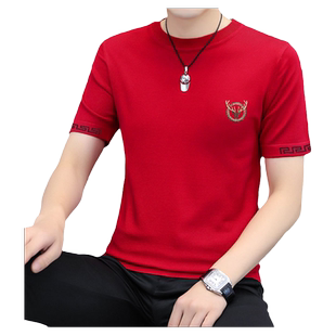 2026春季新款红色本命年短袖毛衣男士针织衫潮流百搭半袖打底小衫