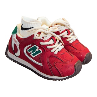 女童真皮老爹鞋2025新款冬季加绒保暖儿童红色N字运动鞋男童鞋子