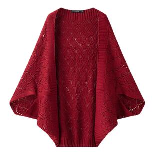 拉夏贝尔/La Chapelle钩花镂空针织衫女春秋新款旗袍外搭披肩开衫