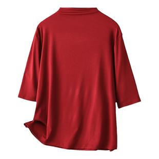 大码女装半高领纯色遮肚子显瘦上衣女T恤胖mm宽松百搭中袖打底衫